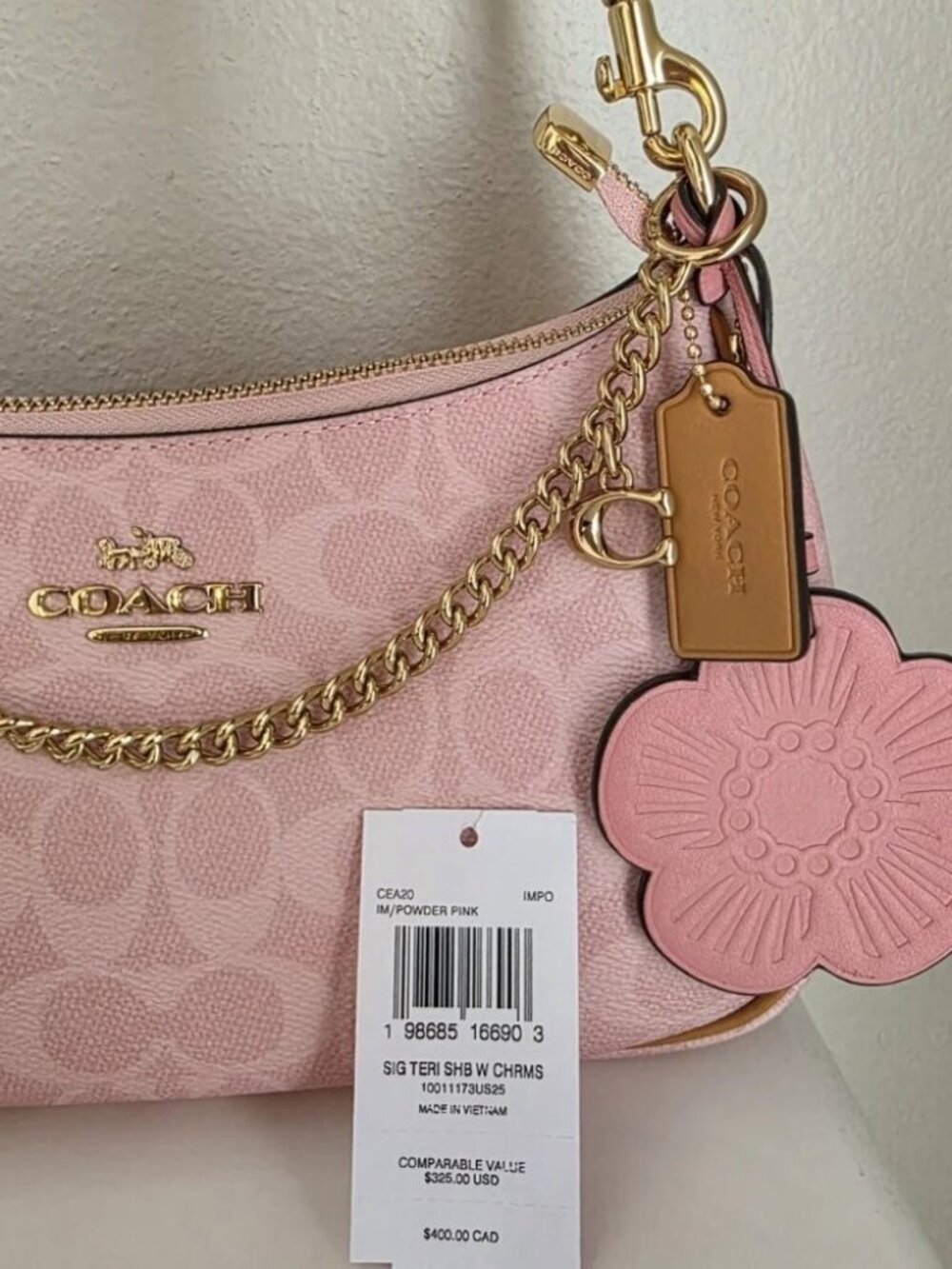 Coach Teri Shoulder Bag Signature Canvas With Charms Gold/Powder Pink CEA20 - Picture 3 of 6